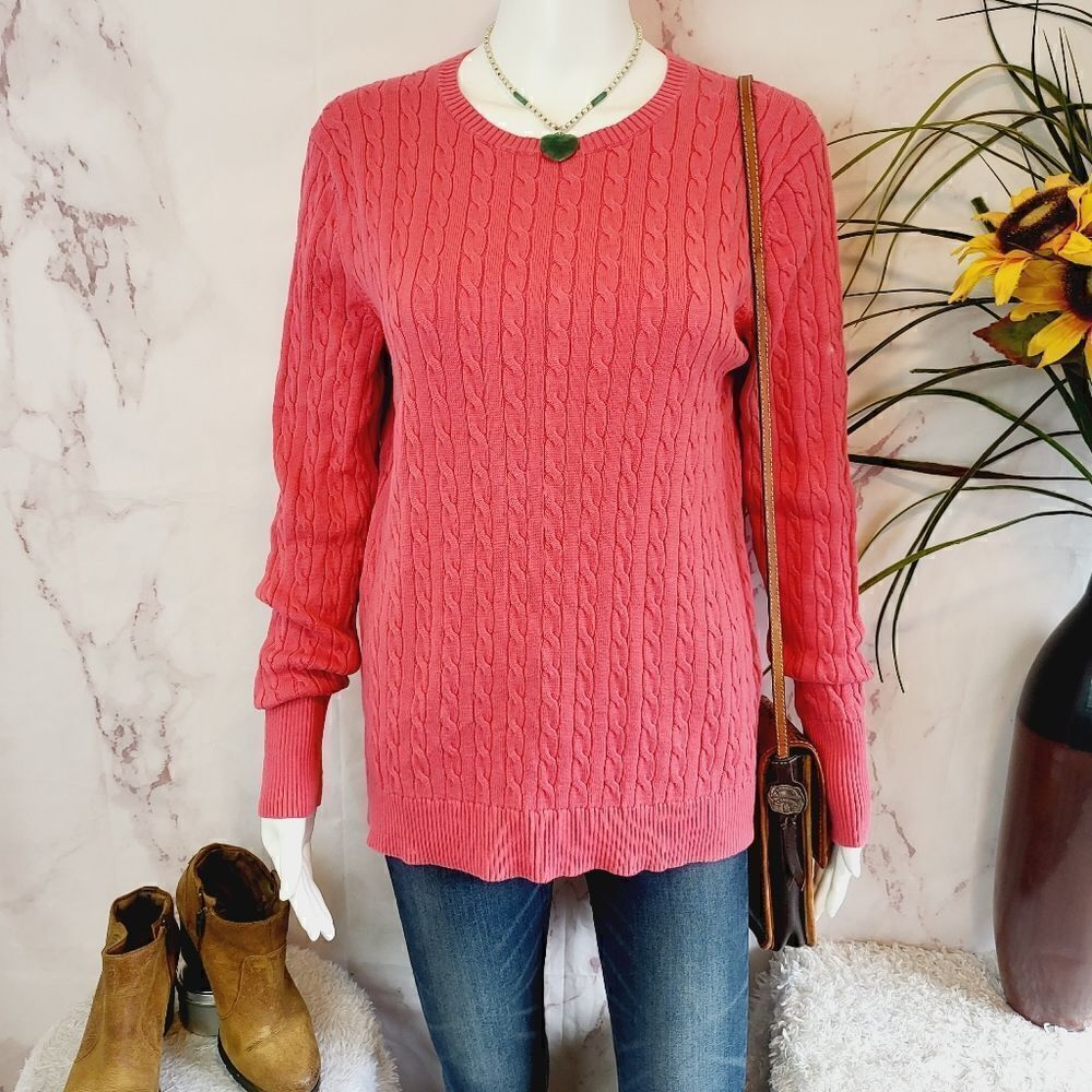 Lands End 100% cotton melon color cable knit sweater